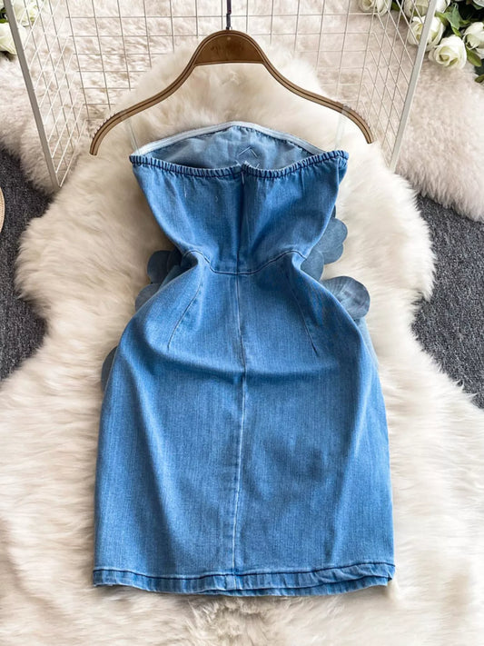 Floral Applique Strapless Denim Dress - product photo 2