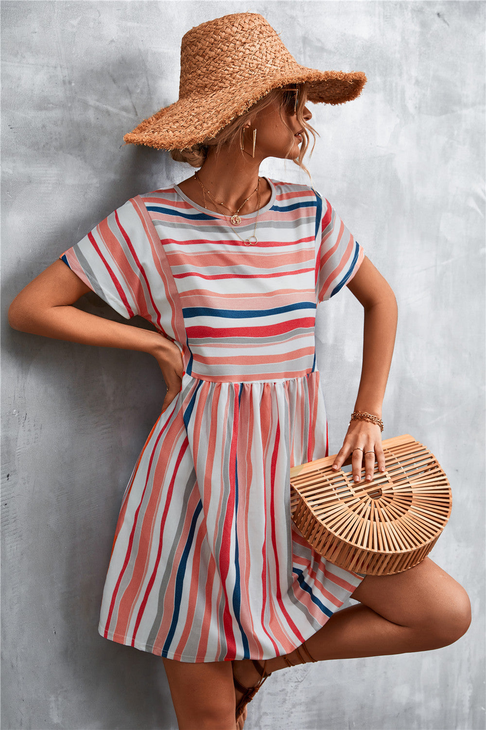 Striped Round Neck Dress - Coral - View 3