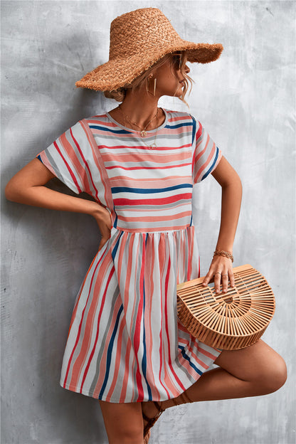 Striped Round Neck Dress - Coral - View 3