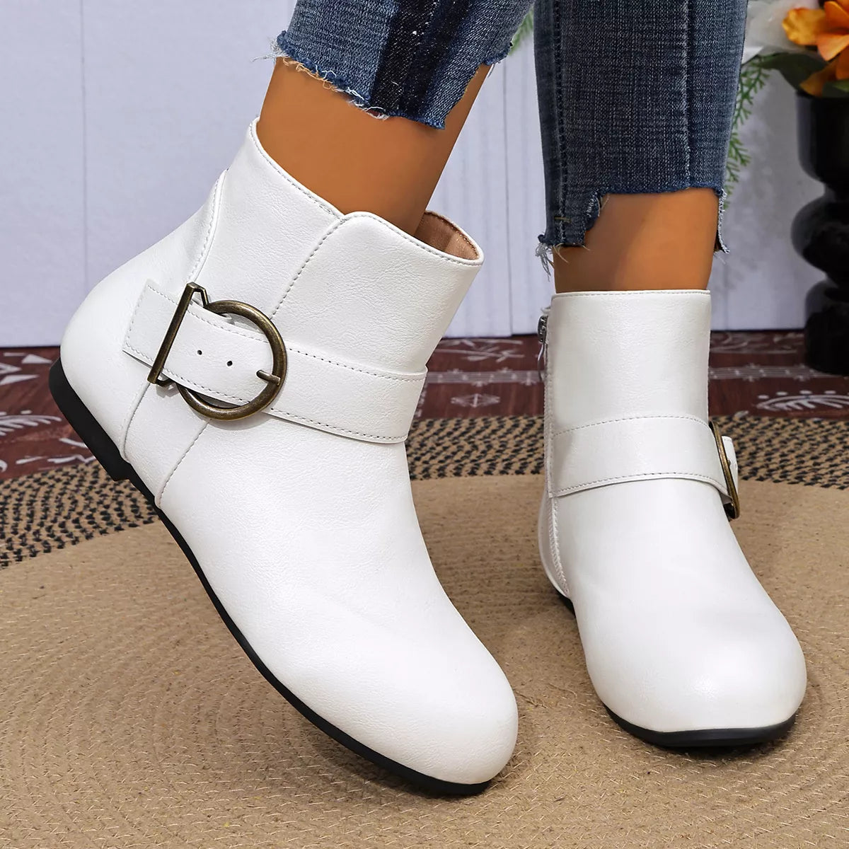 Round Toe Ankle Boots - White - View 7