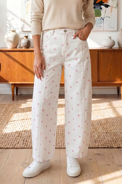 Polka Dot Wide-Leg Jeans - Blush Pink - View 1