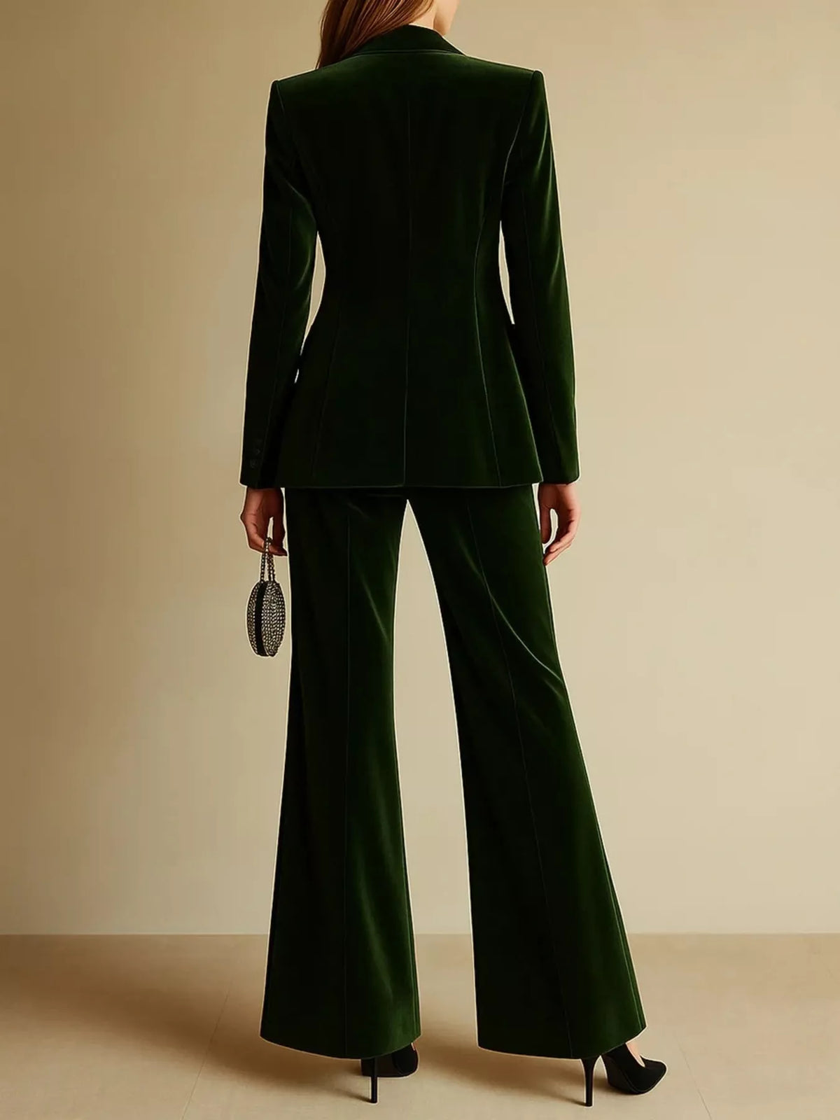 Velvet Blazer and Wide-Leg Pants Set - Green - View 3