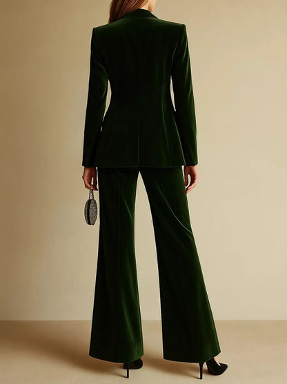 Velvet Blazer and Wide-Leg Pants Set - Green - View 3