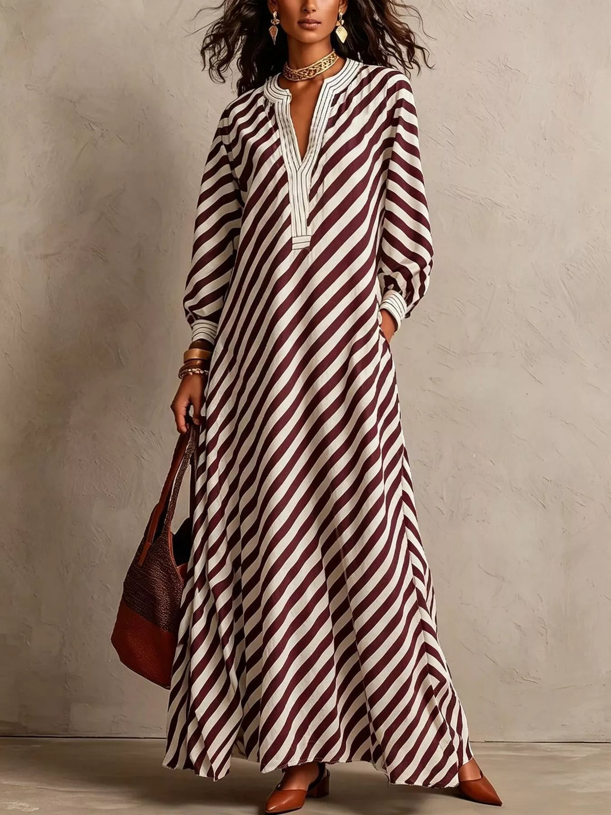 Striped Long Sleeves Maxi Dress - Black - View 4
