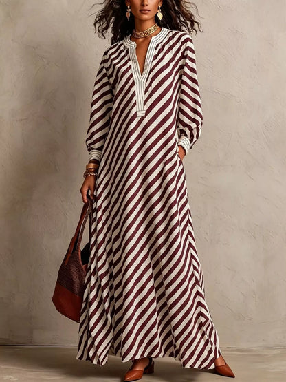 Striped Long Sleeves Maxi Dress - Black - View 4