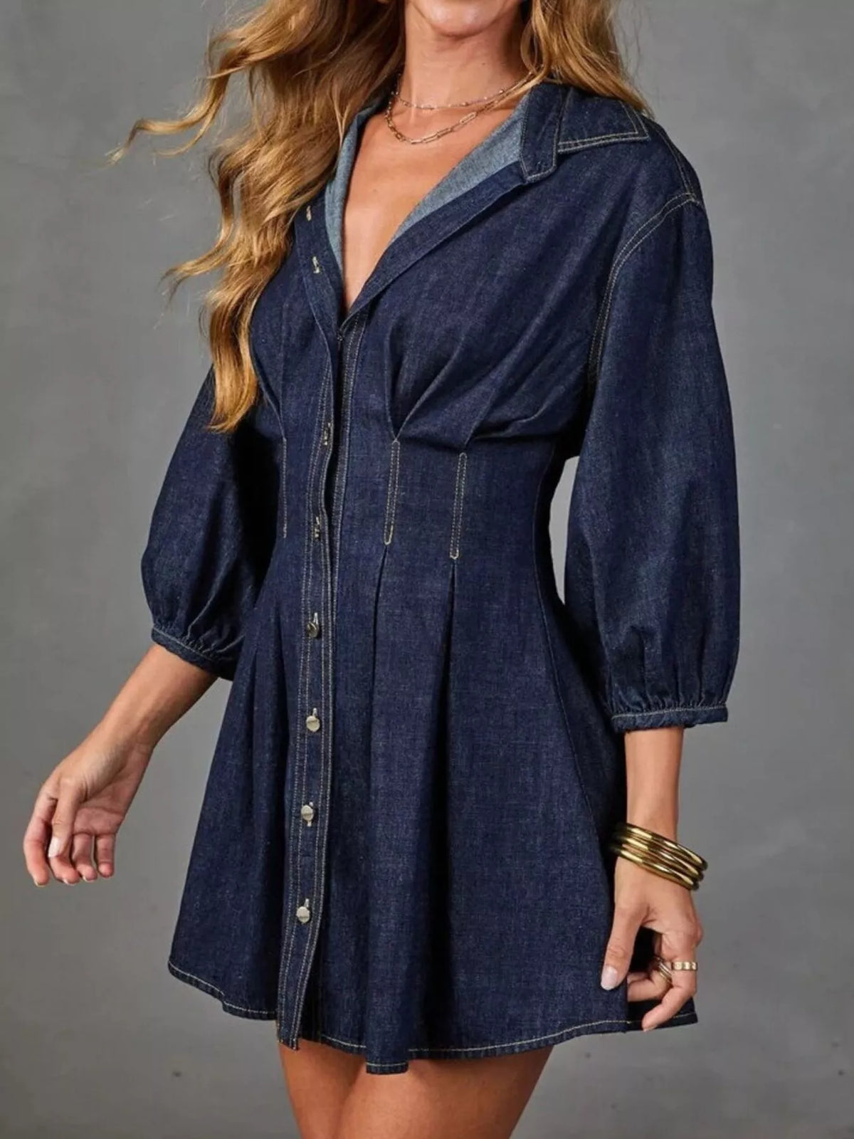 Button Down 3/4 Sleeve Denim Dress - Dark Blue - View 4