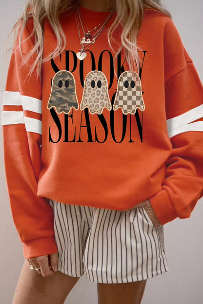 Spooky Season Ghost Graphic Varsity Striped Sleeve Halloween Pullover Sweatshirt - Orange - View 2