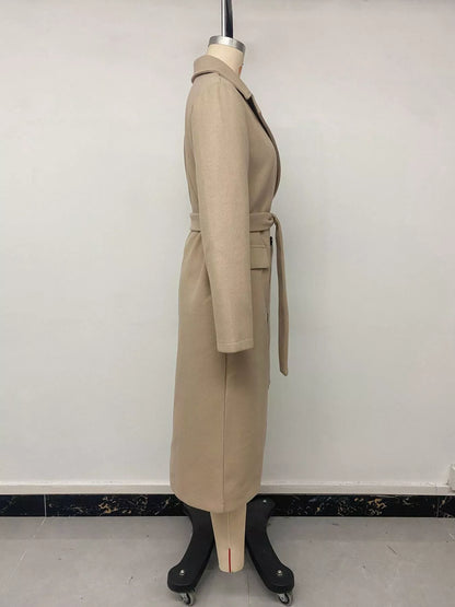 Double-Breasted Lapel Collar Longline Coat - Khaki - View 10