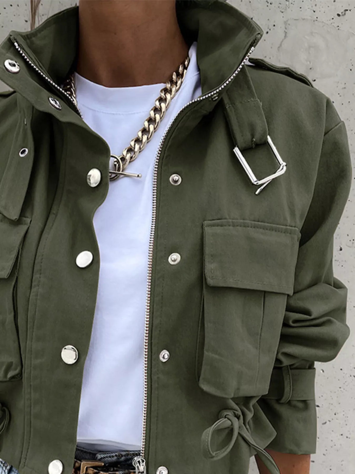 Snap Down Cropped Jacket - Moss - View 2