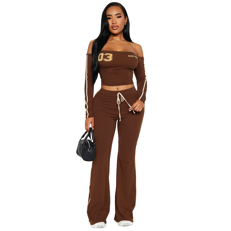 Off-Shoulder Letter Long Sleeve Top and Wide Leg Pants Athletic Set