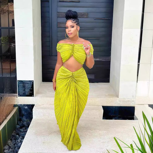 Spring Summer New Women's Solid Color High-Temperature Pleated Two-Piece Set