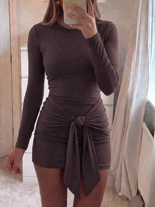 Long Sleeve Bodycon Dress with Front Tie Detail - Brown - View 1