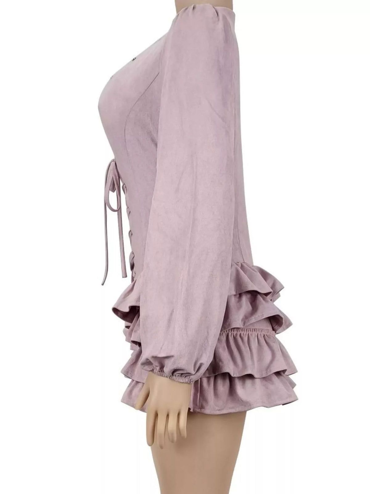 Lace-Up Ruffle Hem Long Sleeve Mini Dress - Dusty Pink - View 4