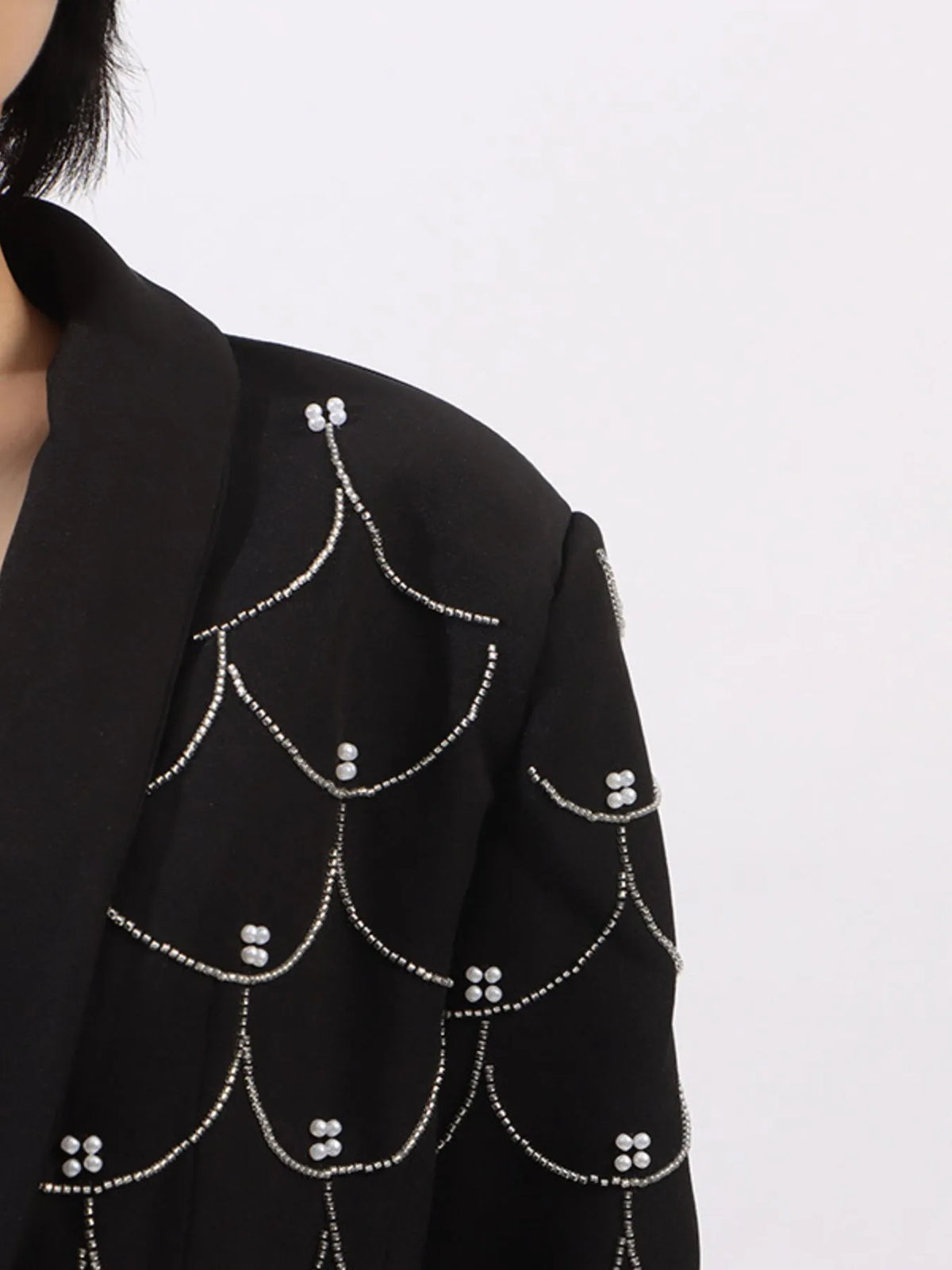Pearl Detail Long Sleeve Blazer - Black - View 9