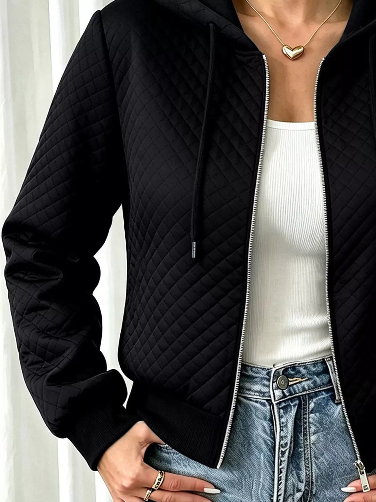 Hooded Zip-Up Texture Jacket - Black - View 3