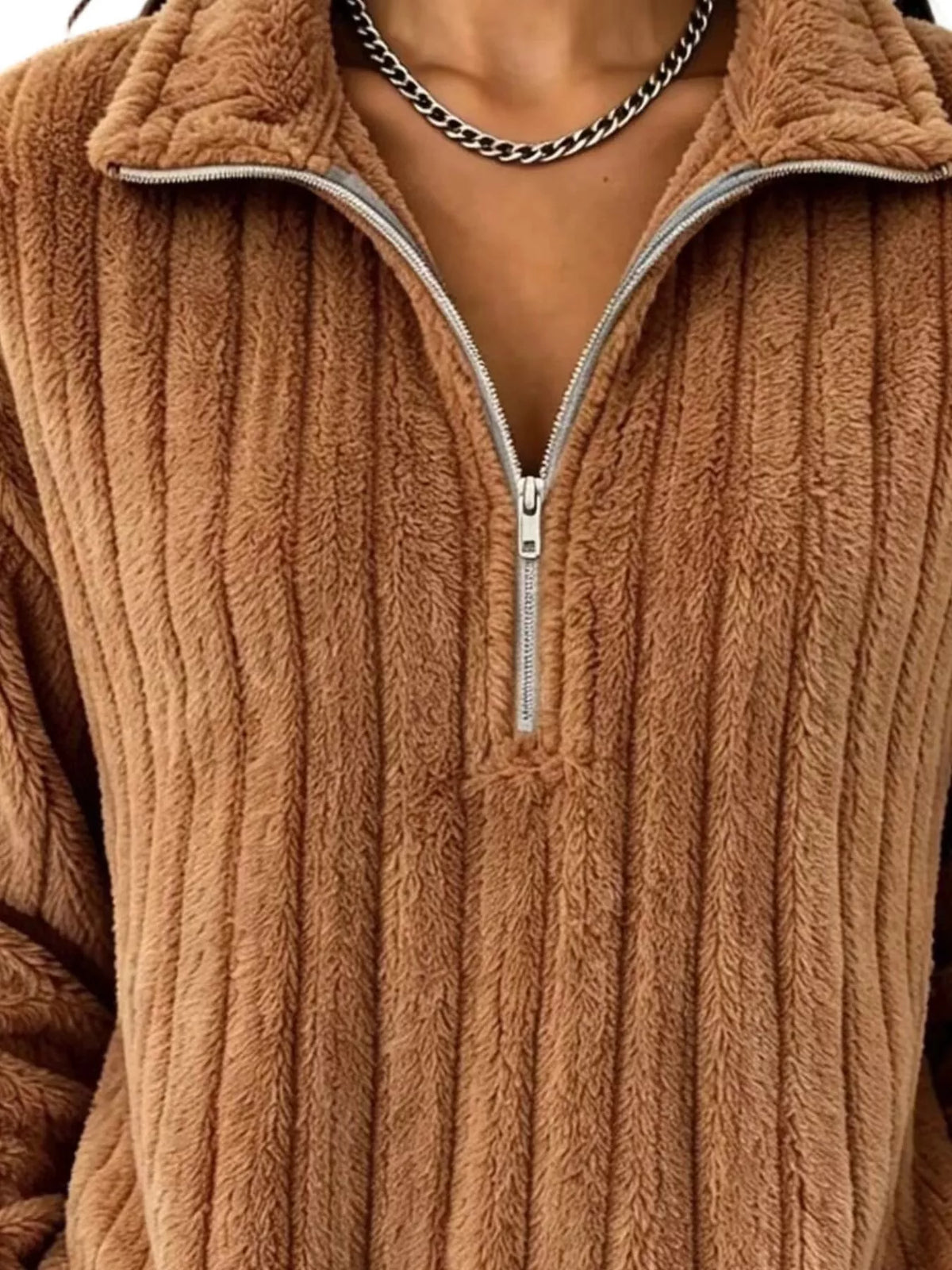 Quarter-Zip Dropped Shoulder Sweatshirt - Caramel - View 2
