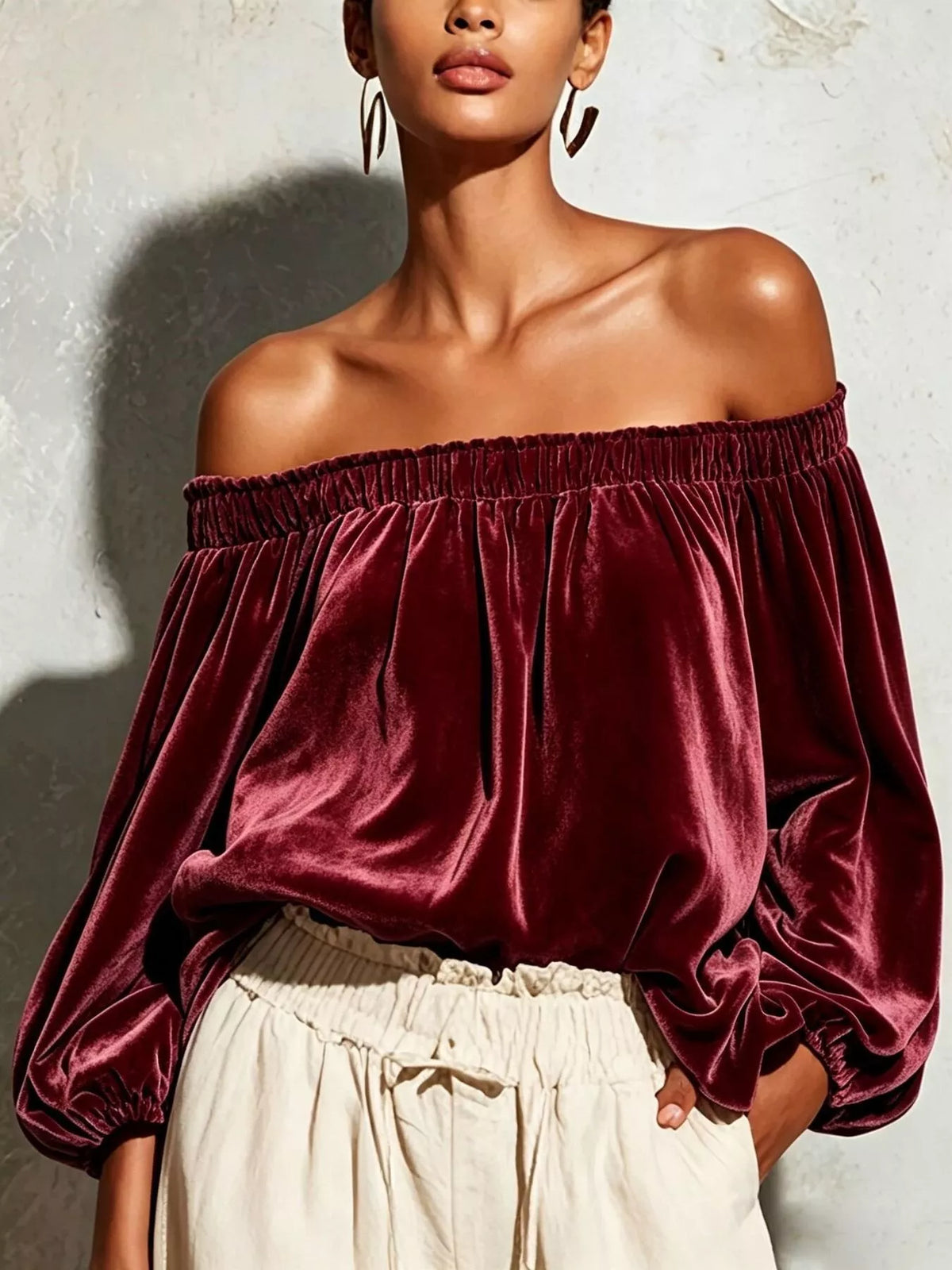 Off-Shoulder Velvet Long Sleeve T-Shirt - Burgundy - View 1