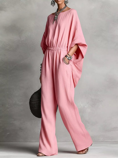 Full Size Boat Neck Batwing Sleeve Wide-Leg Jumpsuit Plus Size - Pink - View 3