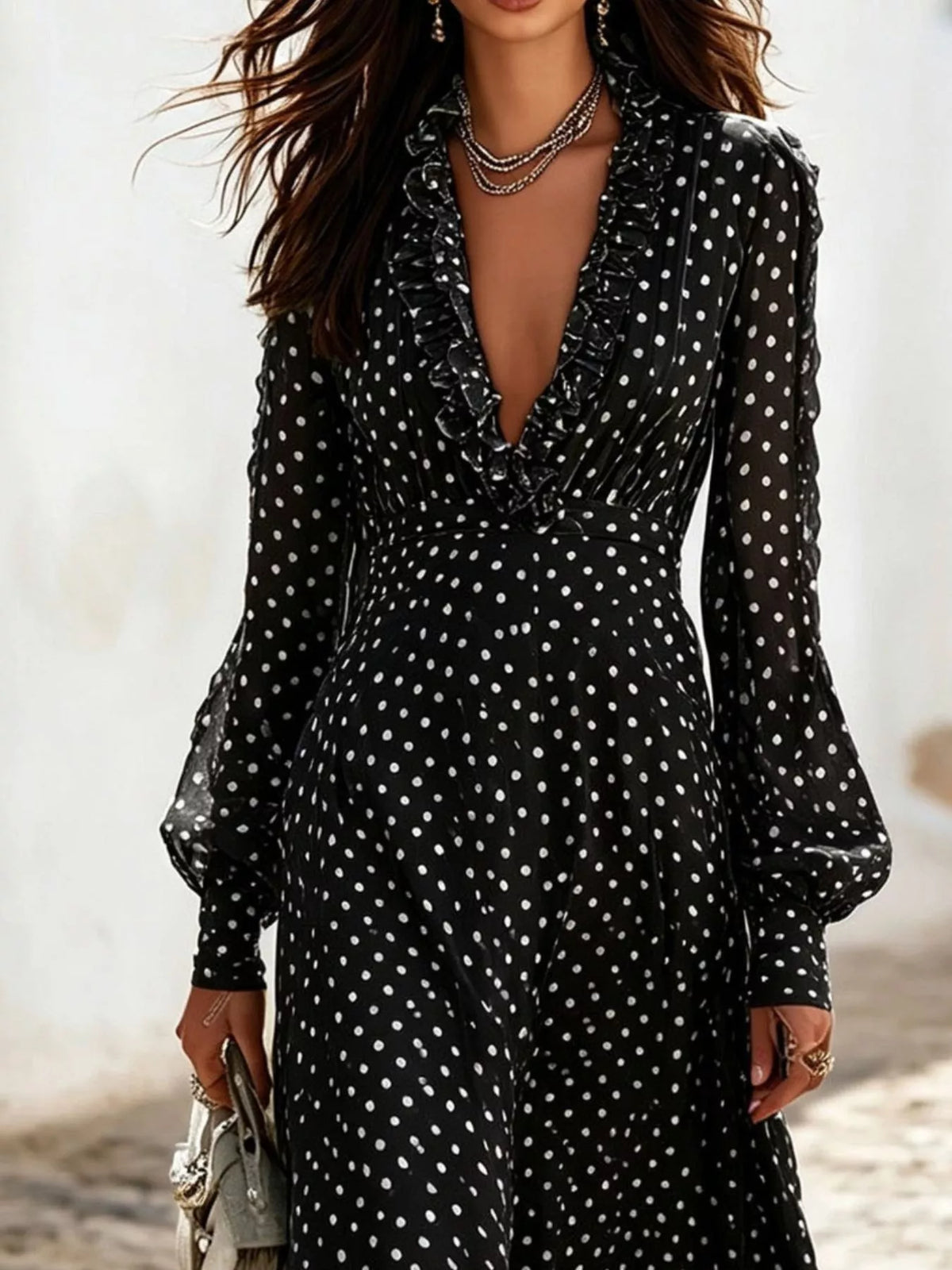 Full Size Polka Dot Ruffle V-Neck Maxi Dress Plus Size - Black - View 2