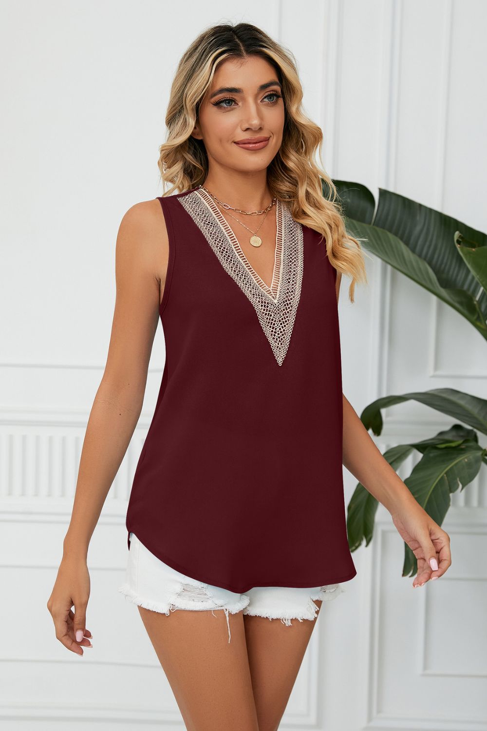 Contrast Trim Plunge Sleeveless Blouse - Wine - View 16
