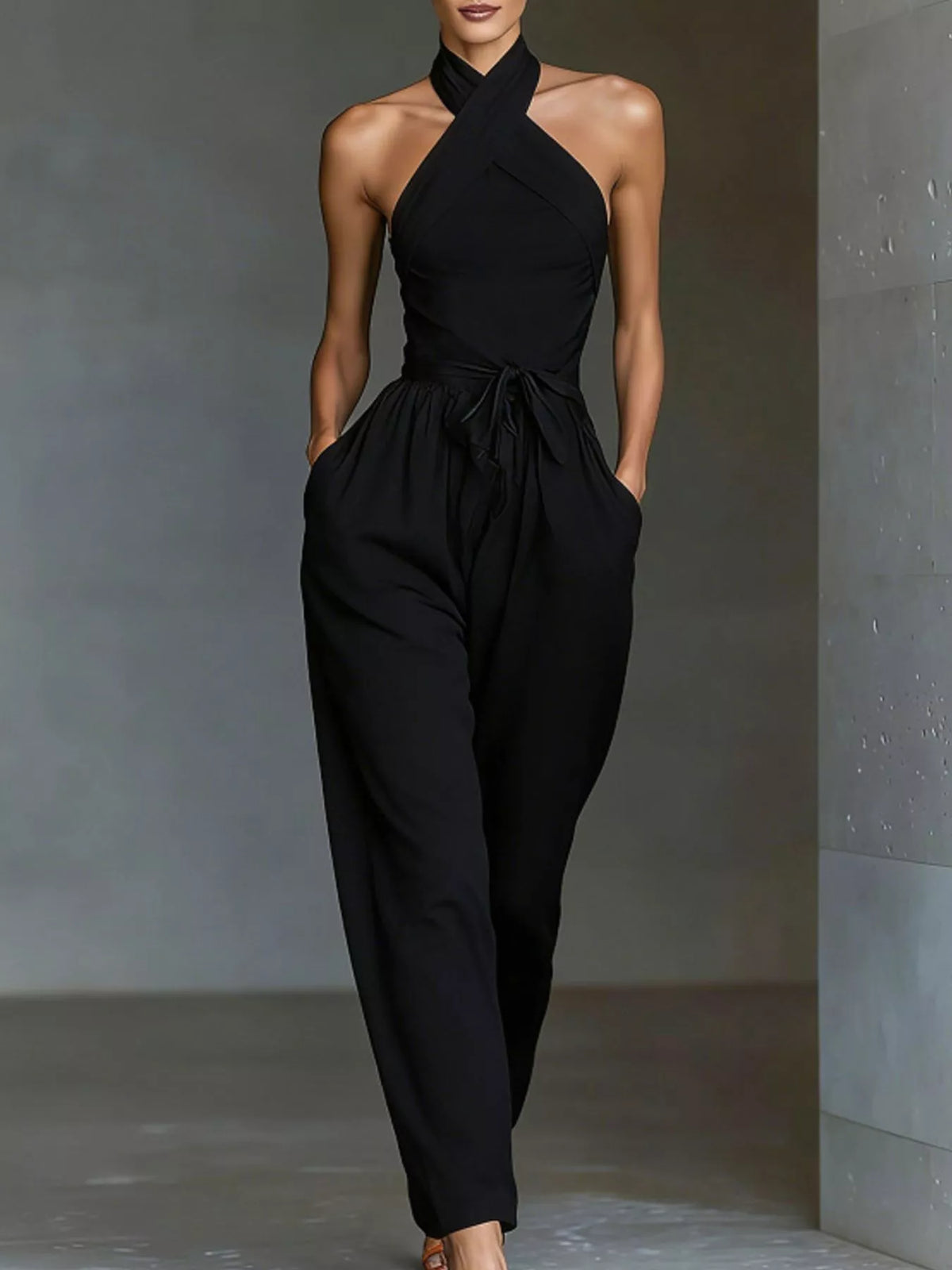 Halter Neck Wide-Leg Jumpsuit with Waist-Tie Detail - Black - View 1