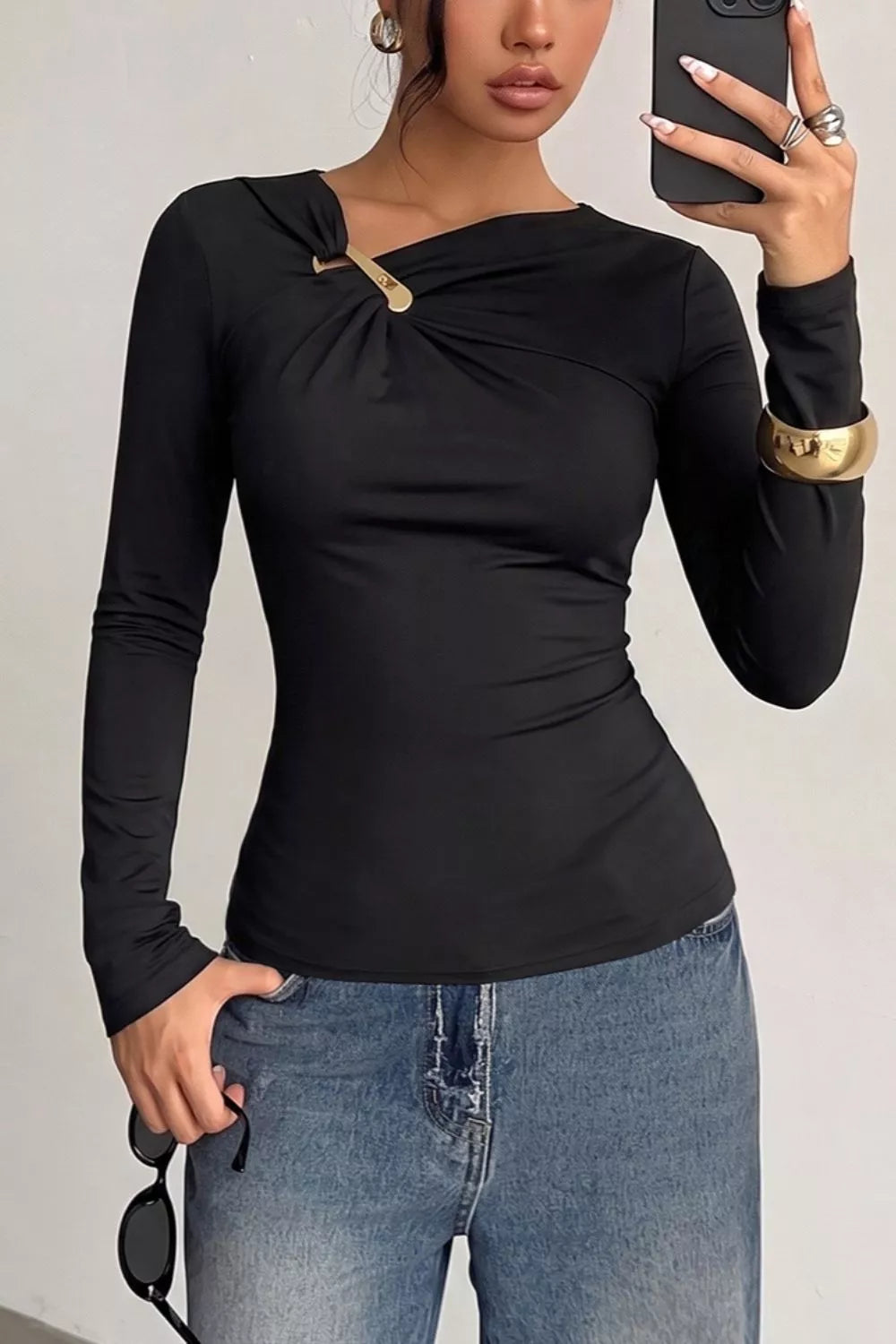 Slim Fit Long Sleeve Top - Black - View 1