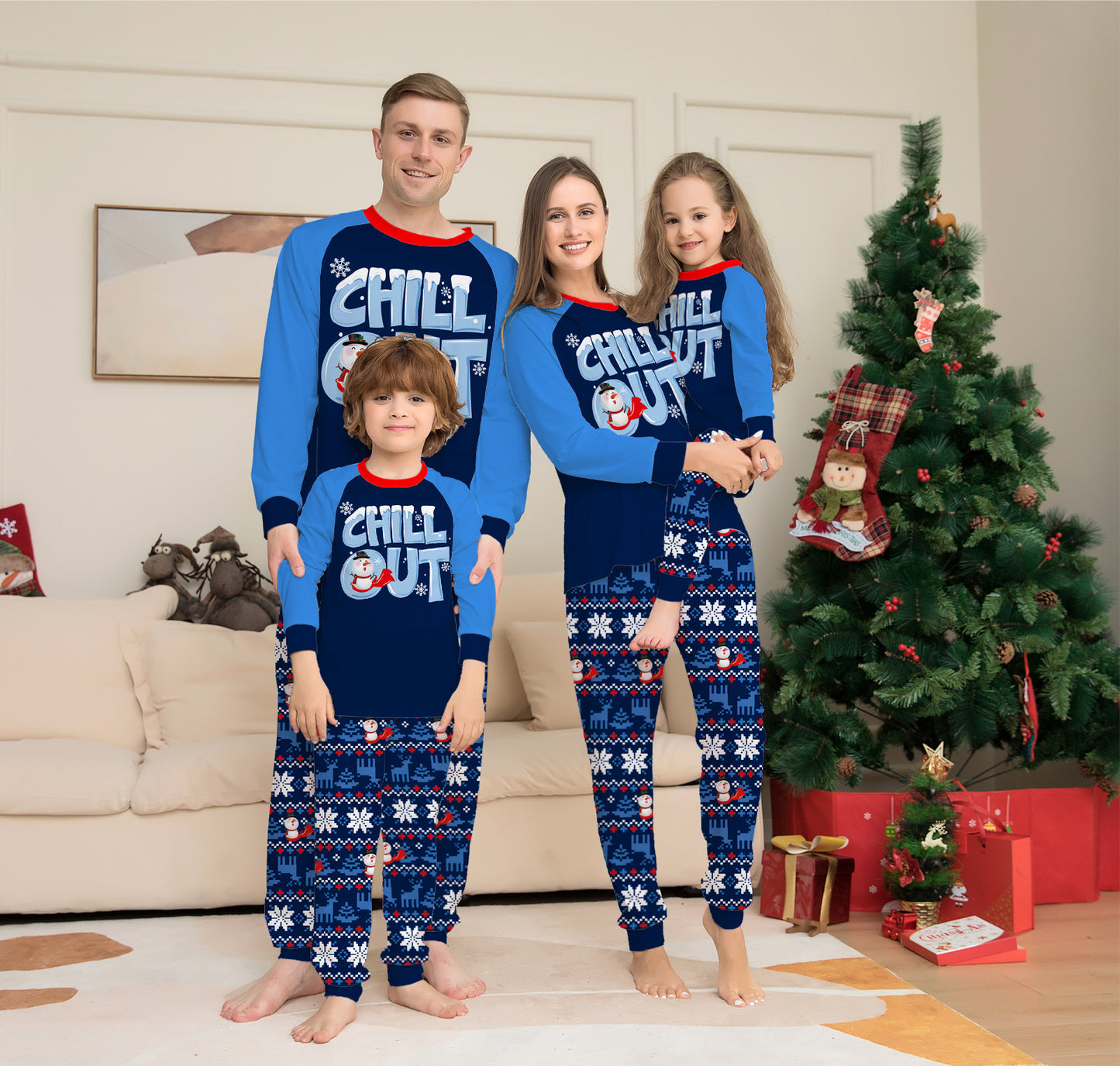 Christmas Snowman Letter Print Parent-Child Matching Pajama Set Casual Home Wear Outfit