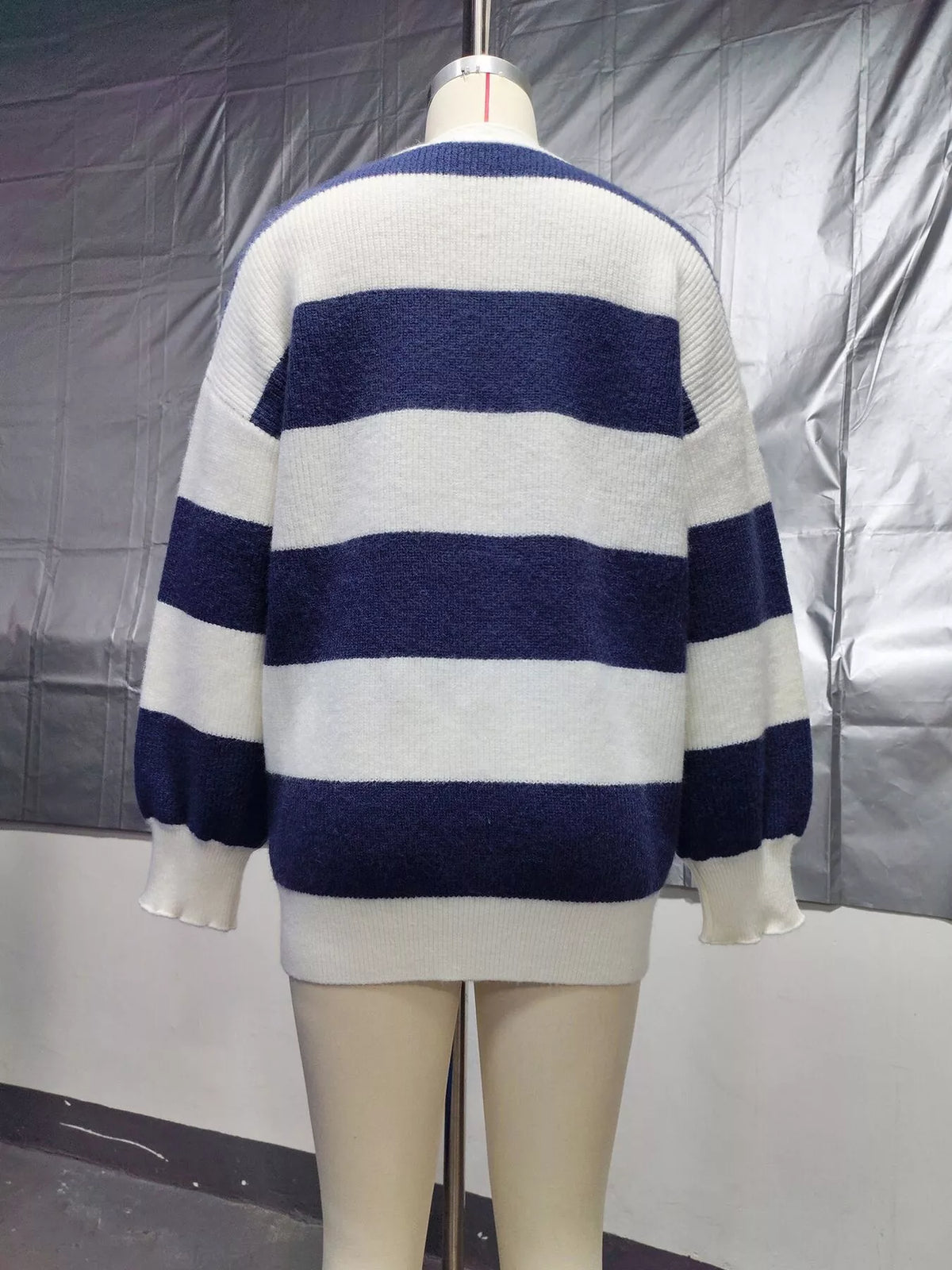 Striped V-Neck Button-Down Cardigan - Navy - View 12