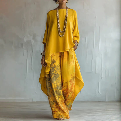 Casual Printed Irregular Loose Pants Round Neck Top Front Short Back Long Two-Piece Set