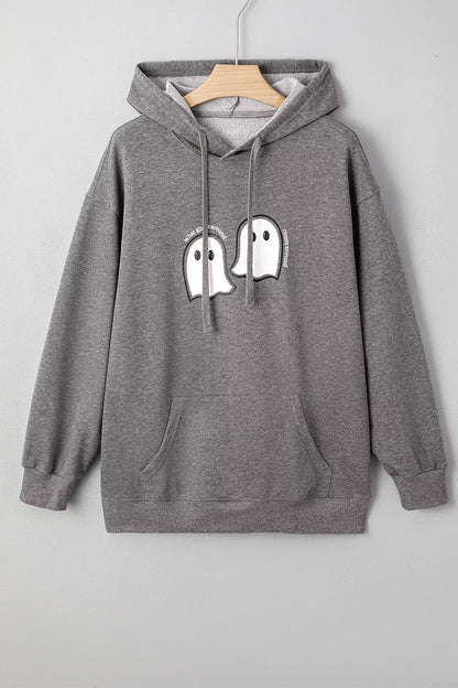 Halloween Ghost Print Mineral Wash Oversize Hoodie - Dark Gray - View 3