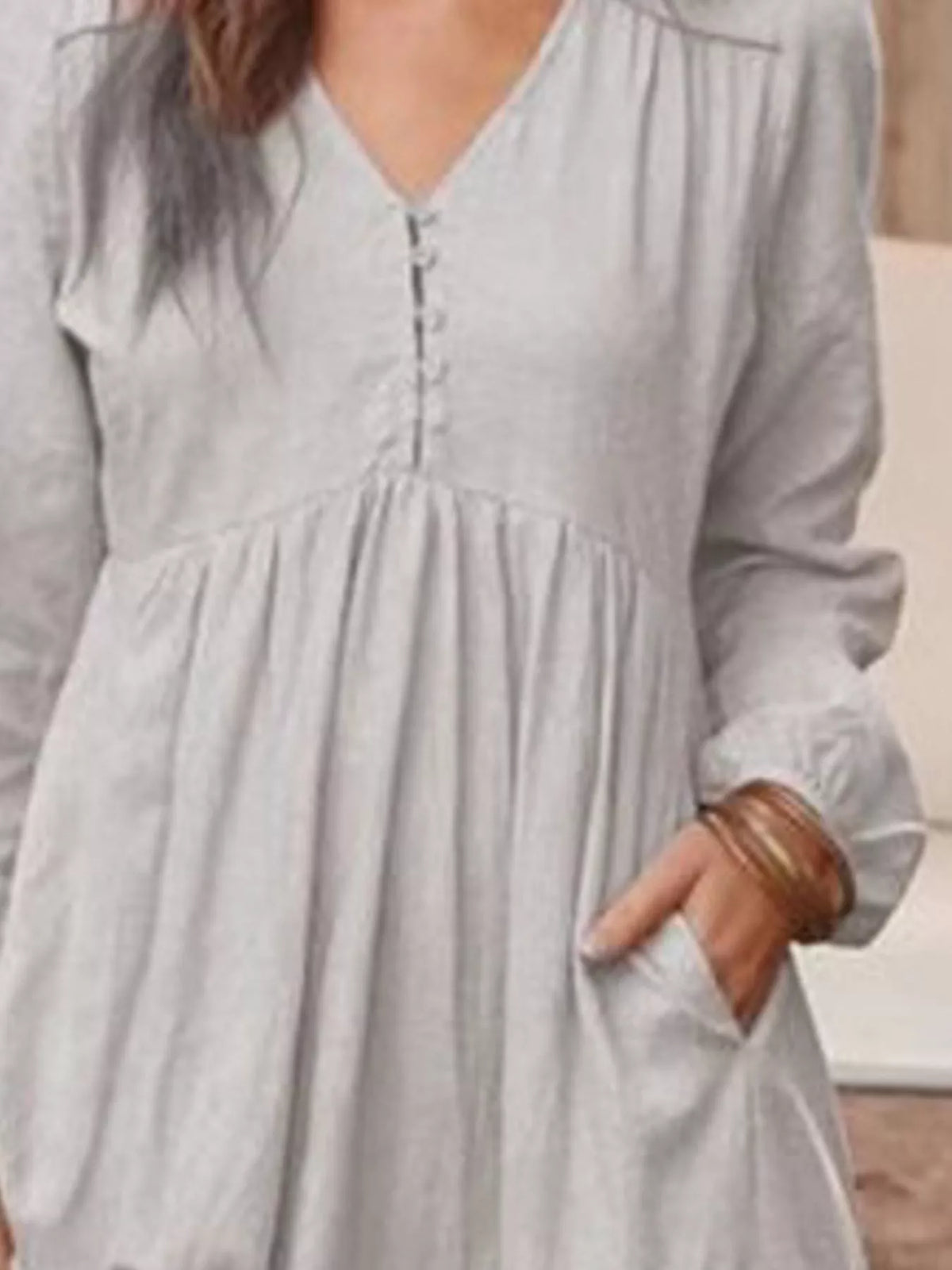 Full Size V-Neck Long Sleeve Tiered Maxi Dress with Pockets Plus Size - Light Gray - View 2