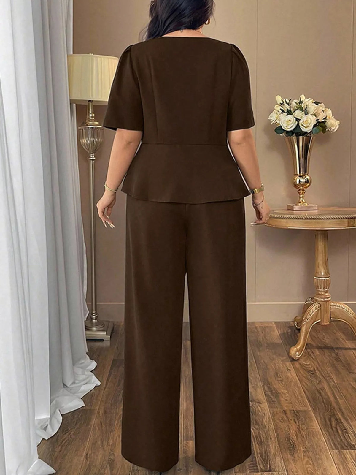 Plus Size Peplum Top and Wide-Leg Pants Two-Piece Set - Brown - View 18