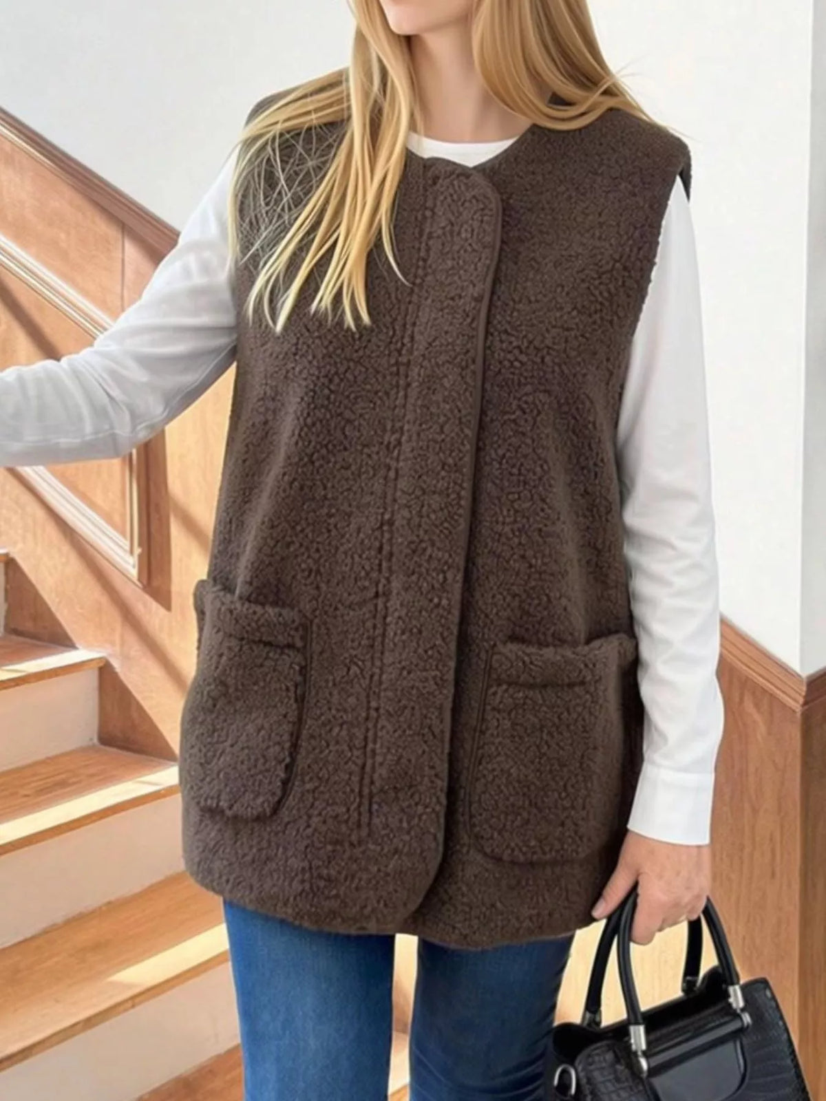 Sherpa Sleeveless Vest Coat - Coffee Brown - View 5