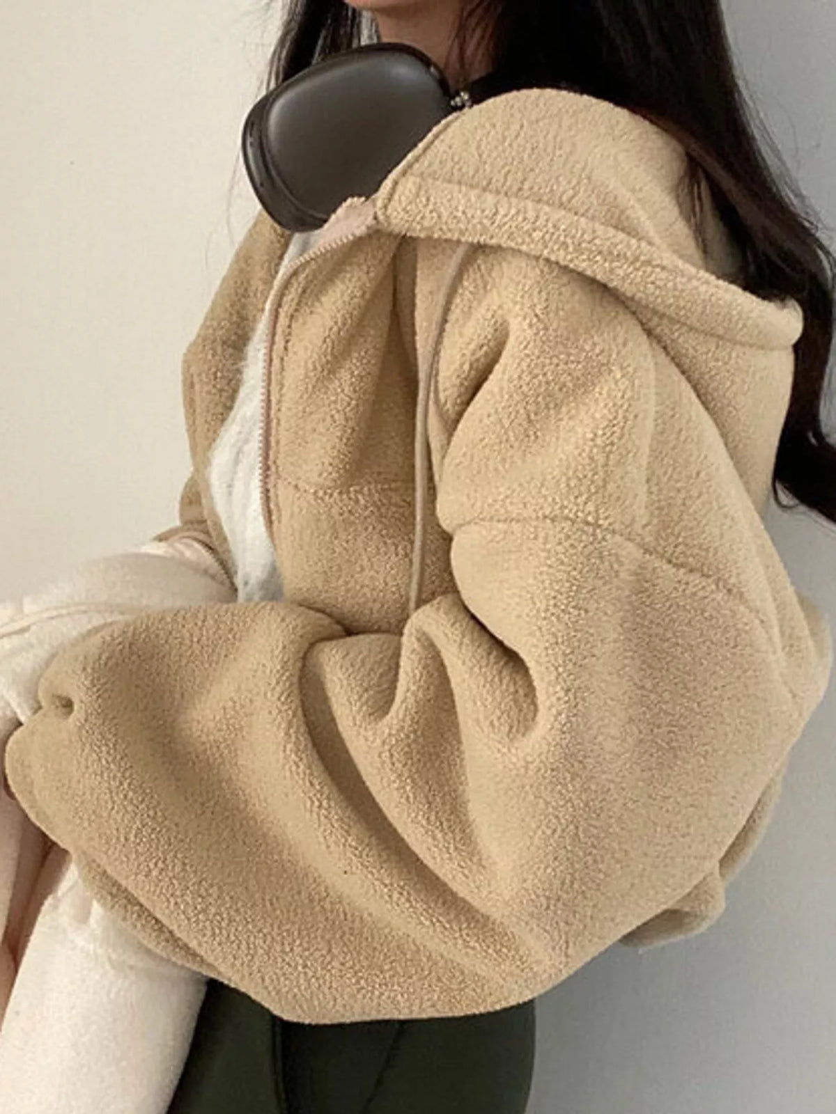 Oversized Sherpa Zip-Up Hoodie - Khaki - View 20