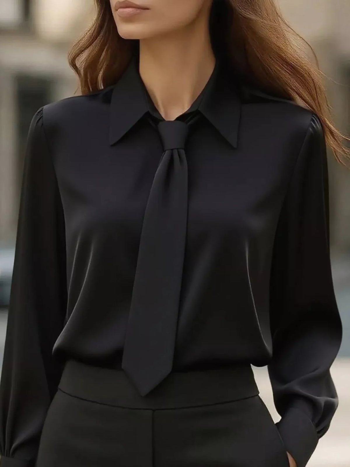 Collared Neck Long Sleeve Blouse - Black - View 7