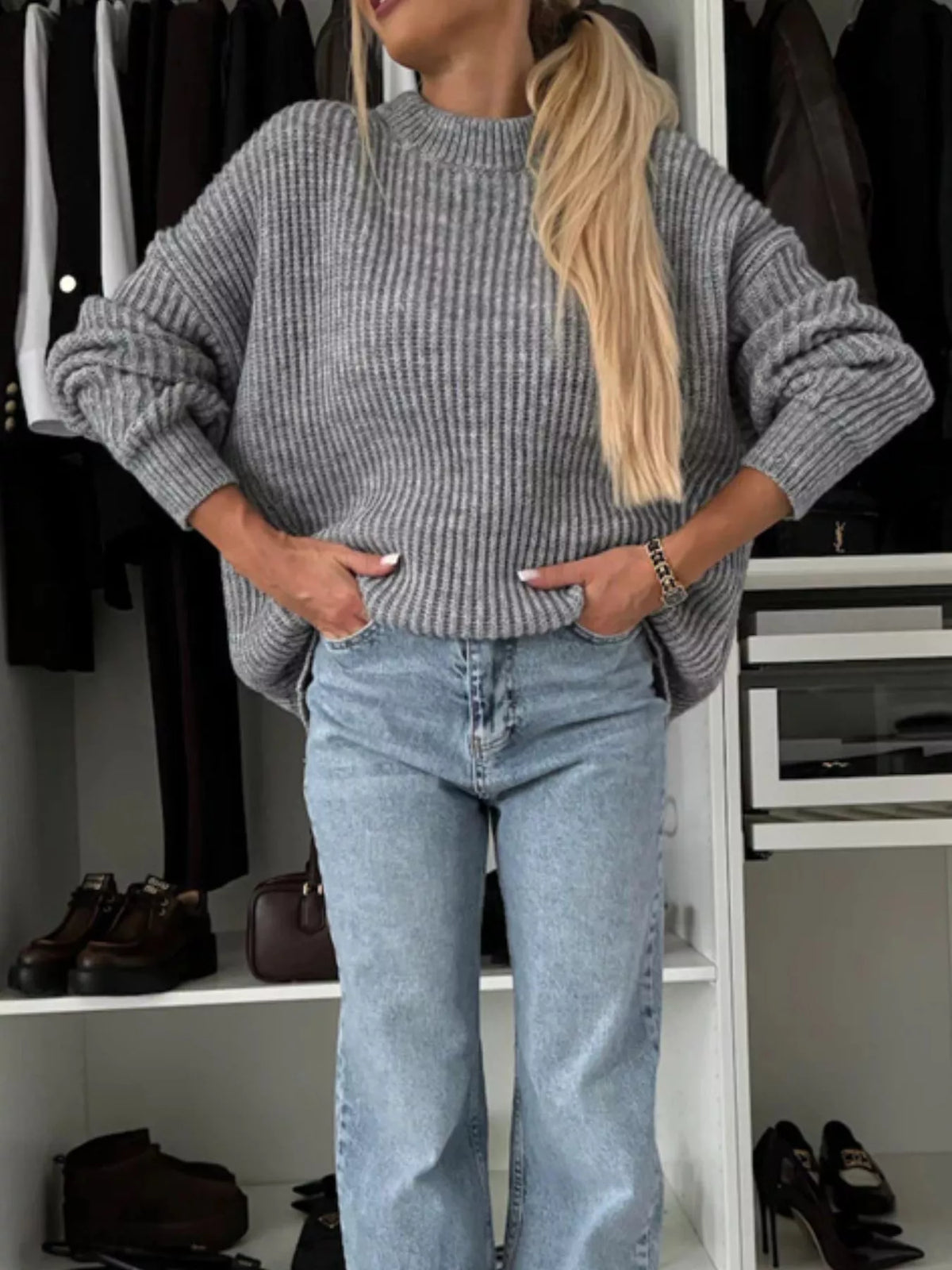 Ribbed Knit Crew Neck Sweater - Gray - View 4
