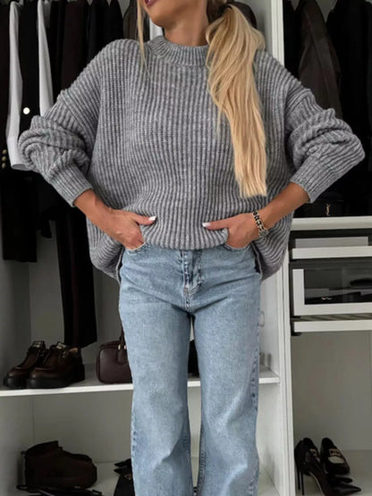 Ribbed Knit Crew Neck Sweater - Gray - View 4