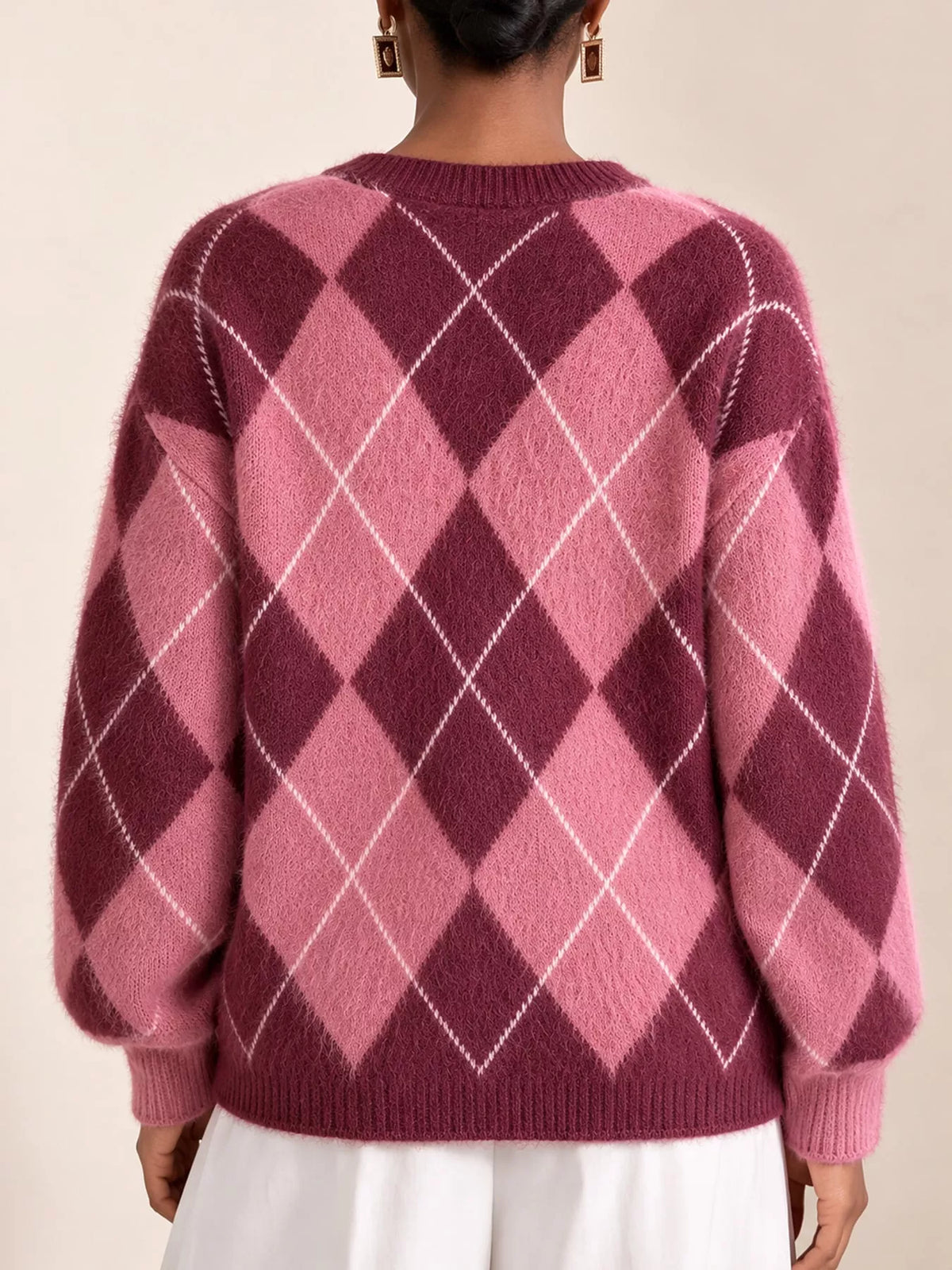 Argyle Pattern Fuzzy Knit Sweater - Fuchsia Red - View 12