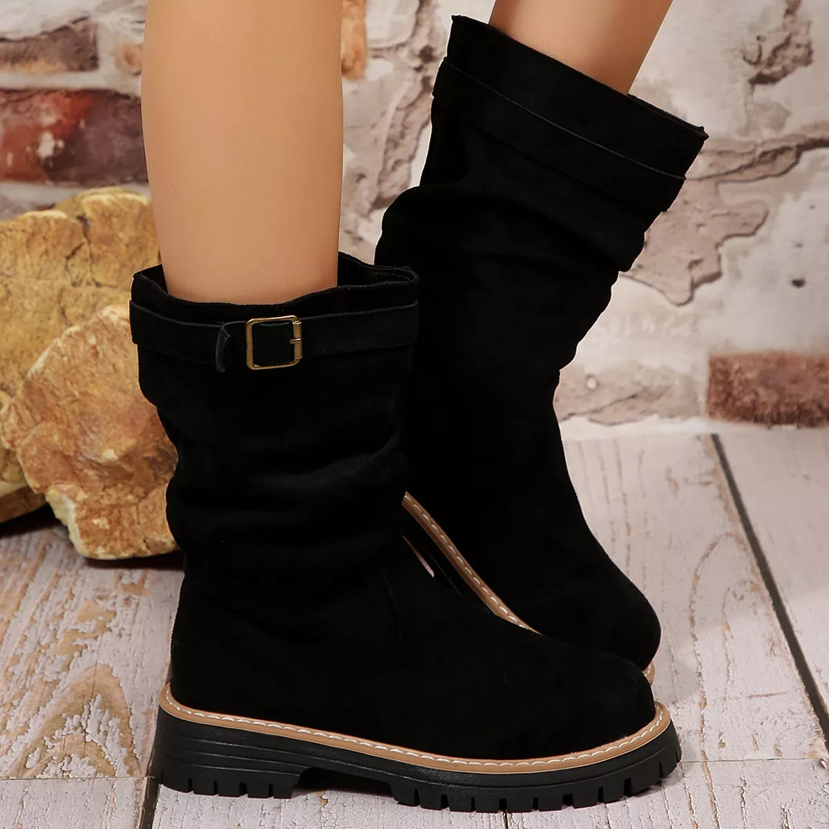 Buckle Accent Slouch Boots - Black - View 2