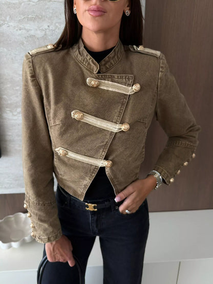 Button Detail Cropped Denim Jacket - Khaki - View 1