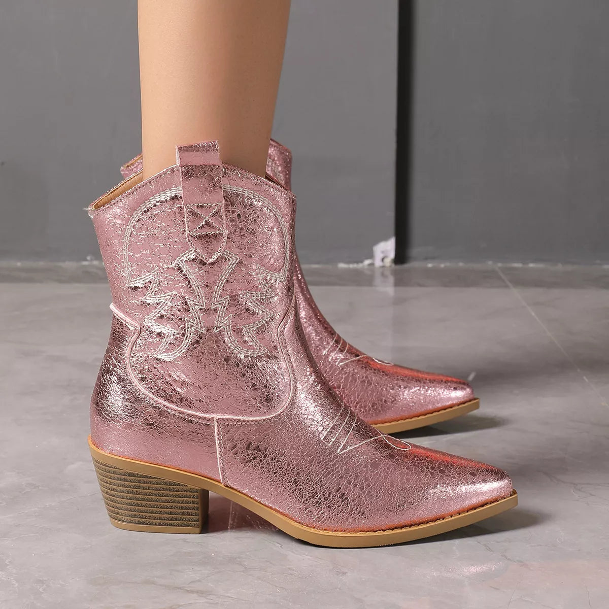 Point Toe Block Heels Boots - Pink - View 2