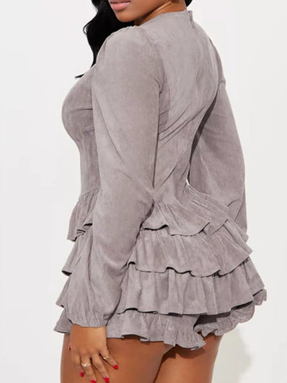 Lace-Up Ruffle Hem Long Sleeve Mini Dress - All Colors - View 2