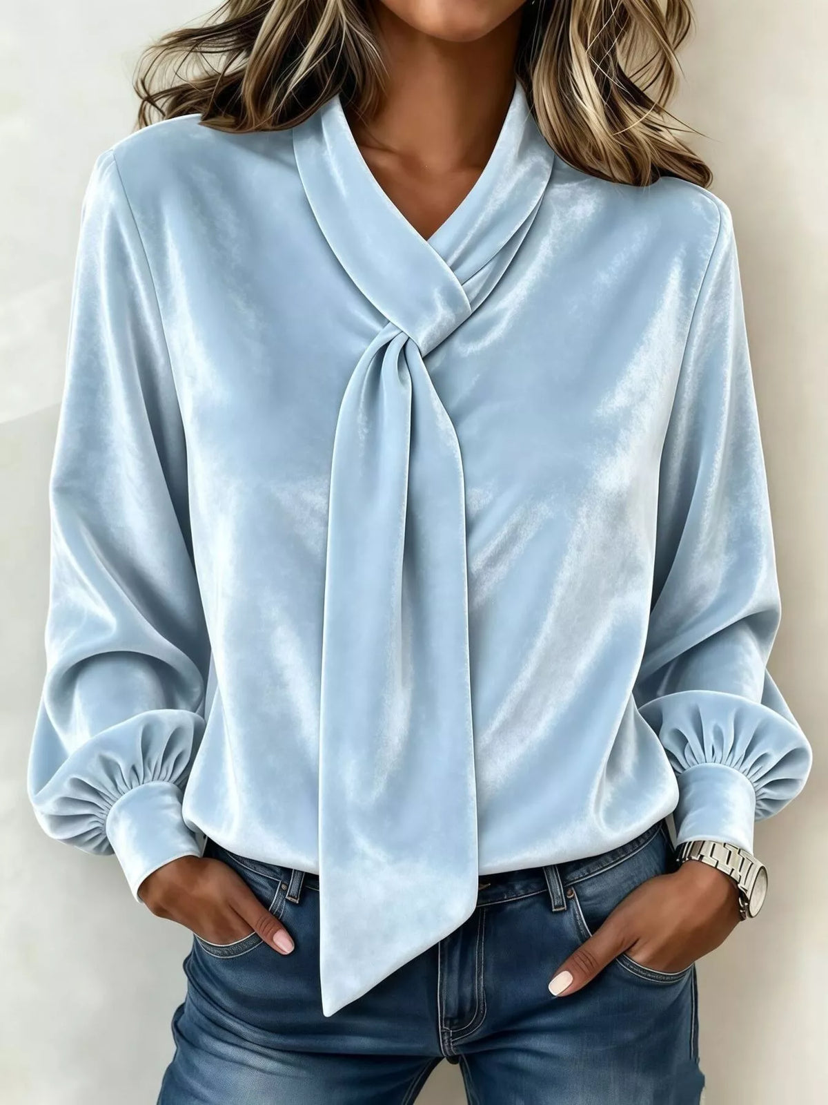 Full Size Velvet Tie-Neck Long Sleeve Blouse Plus Size - Sky Blue - View 1