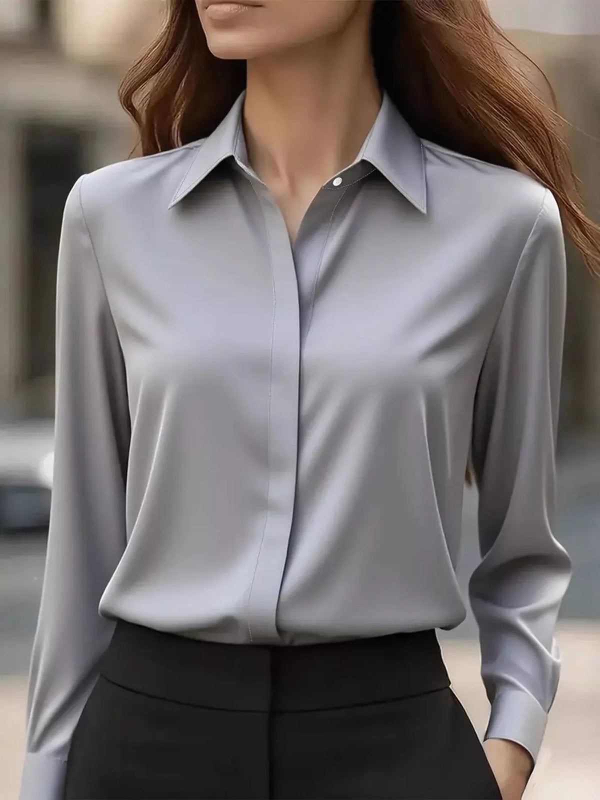 Button Down Collared Neck Long Sleeve Shirt - Gray - View 10