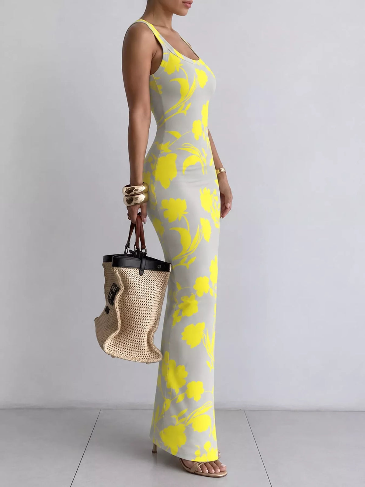 Sleeveless Bodycon Maxi Dress - Yellow Flowers - View 12