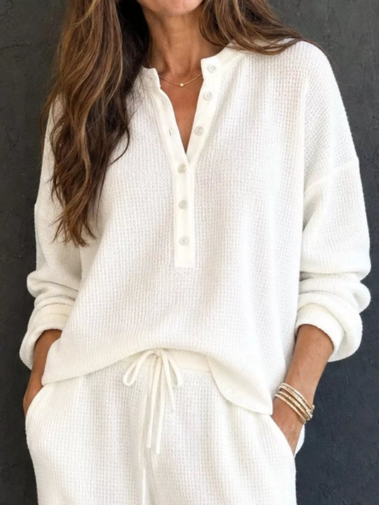 Waffle Knit Henley Top and Wide Leg Pants Set - White - View 2
