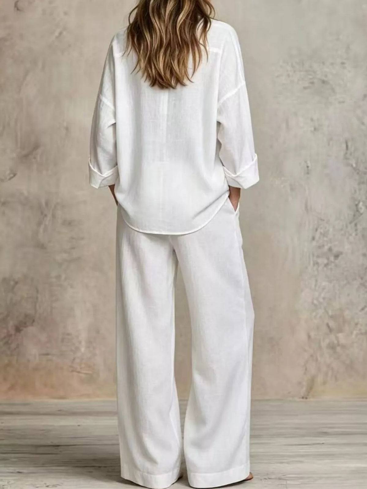 Full Size Button-Down Shirt and Wide-Leg Pants Set Plus Size - White - View 21