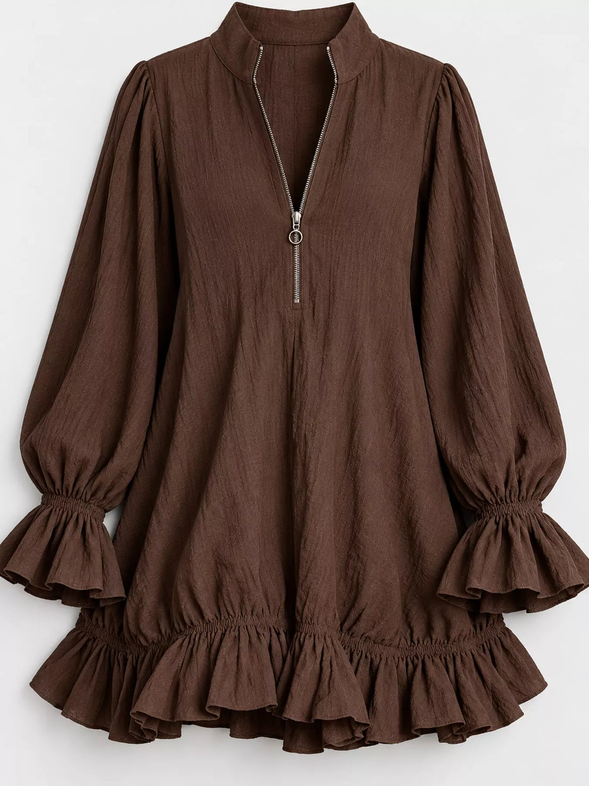 Zipper-Front Ruffle Hem Mini Dress - Brown - View 40
