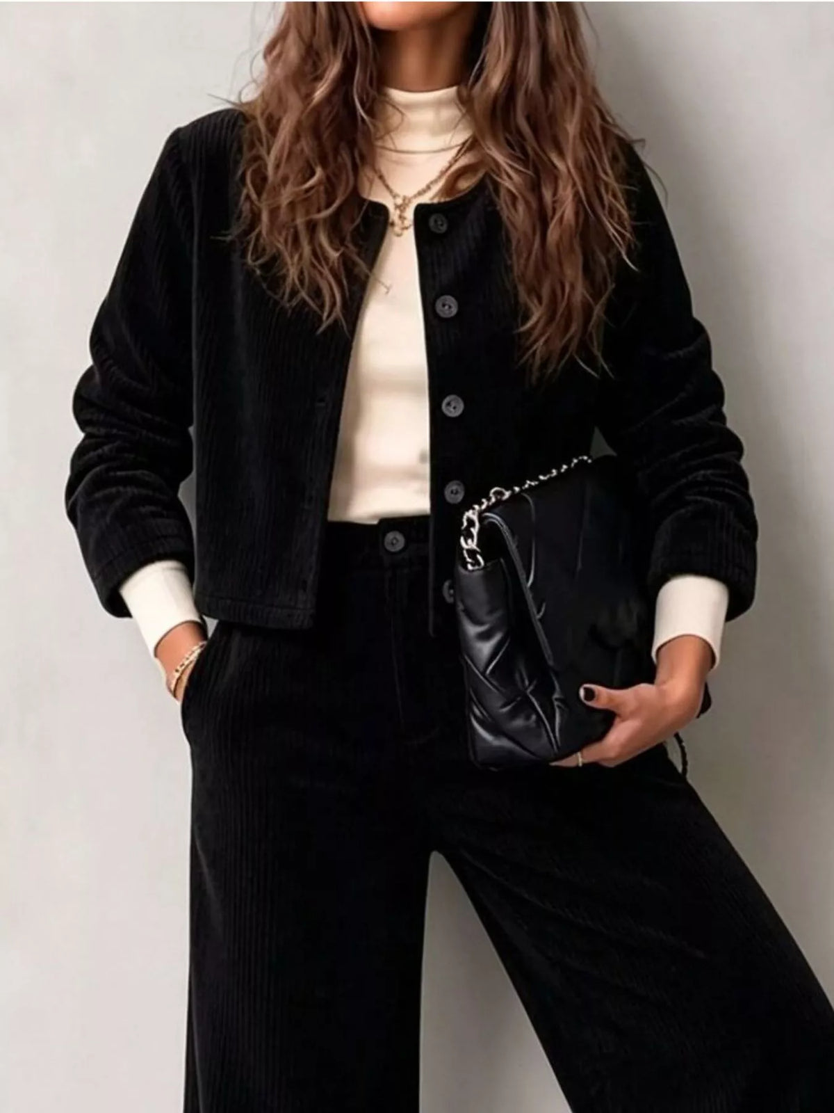 Full Size Corduroy Button-Down Jacket and Wide-Leg Pants Two-Piece Set Plus Size - Black - View 14