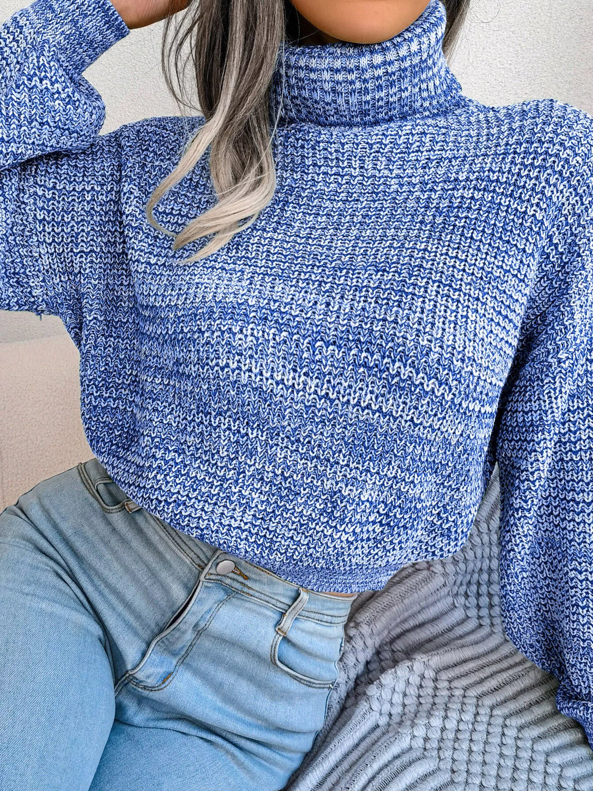 Turtleneck Dropped Shoulder Sweater - Light Blue - View 2